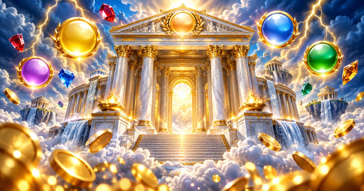 Templo griego entre nubes con rayos dorados y orbes de multiplicador